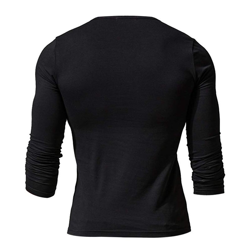 palglg Mens Long Sleeve Muscle Slim Fitted Cotton Henley T-Shirt with Buttons Black XL - Image 2